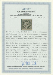 1 Kreuzer tiefschwarz, Platte 1, gute "b"-Farbe, vierseitig sehr ...