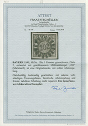 1 Kreuzer grauschwarz, Platte 2, ringsum sehr breitrandig, oben mit ...