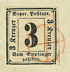 \ROTER OBERBRIEFTRÄGERSTEMPEL\: 3 Kreuzer schwarz, links unten ...
