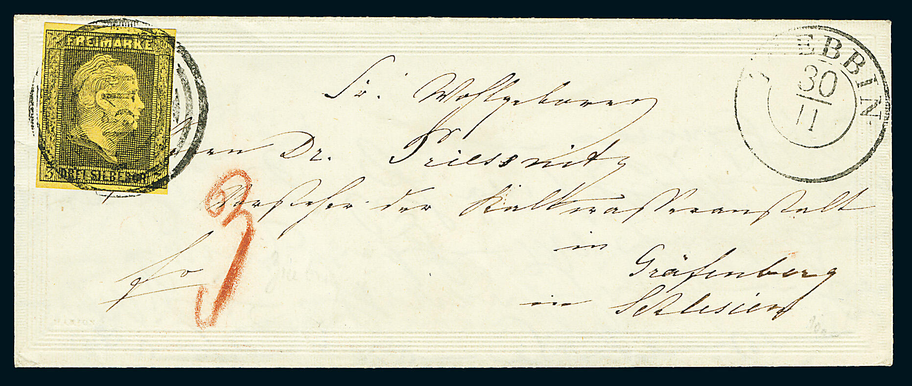 3 Silbergroschen schwarz auf gelb, rechts noch voll- und sonst ...