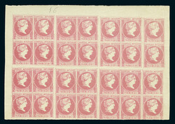 10 Cuartos "Isabella II.", Blockstück von 28 Marken vom Oberrand mit ...