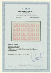 10 Cuartos "Isabella II.", Blockstück von 28 Marken vom Oberrand mit ...