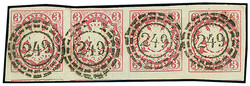 3 Kr. karminrosa, waagerechter Viererstreifen, ringsum voll- bis ...