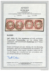 3 Kr. karminrosa, waagerechter Viererstreifen, ringsum voll- bis ...