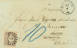 12 Kr. violett, vierseitig voll- bis breitrandig auf austaxiertem ...