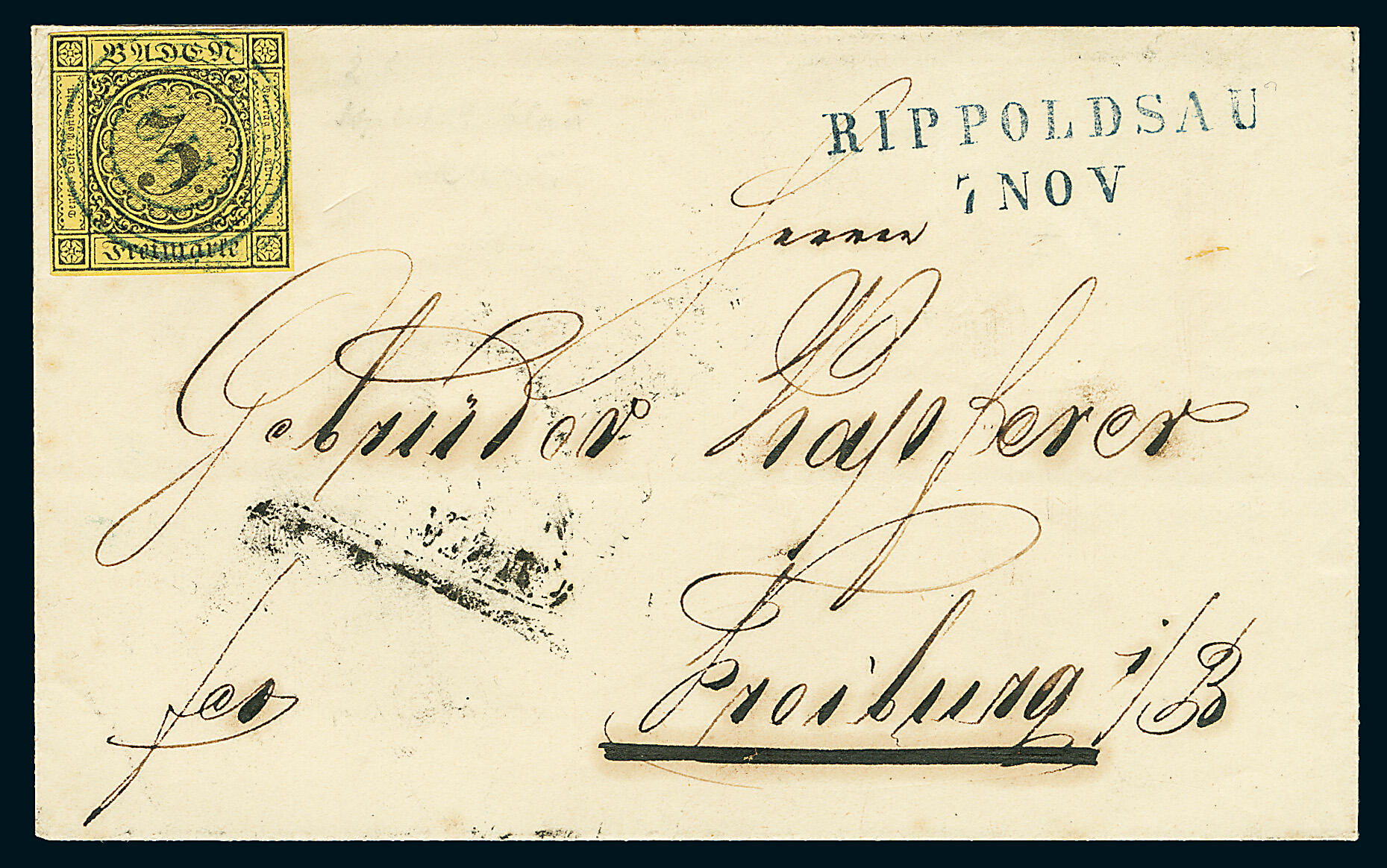 3 Kr. schw./gelb, vierseitig voll- bis breitrandig auf Brief mit ...