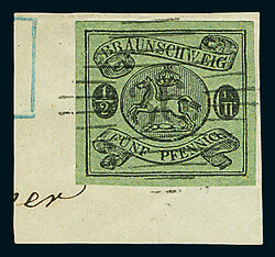 1/2 Gr. schw./grün, vierseitig breitrandig auf Briefstück mit ...