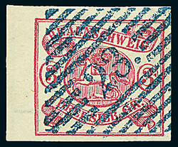 3 Sgr. karmin, gute "b"-Farbe, linkes Randstück mit 4,5mm breitem ...