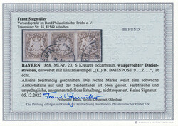 6 Kr. ockerbraun, waagerechter Dreierstreifen, vierseitig sehr ...