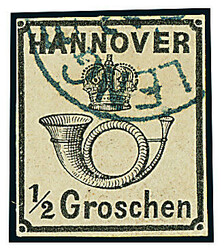 1/2 Gr. schwarz, weiße Gummierung, ringsum vollrandig mit blauem ...