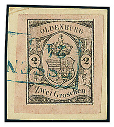 2 Gr. schw./rosa, ringsum riesenrandiges Exemplar auf Briefstück mit ...