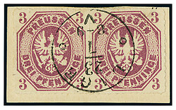 3 Pfg. dunkelpurpur, gute "b"-Farbe, waagerechtes Paar auf ...
