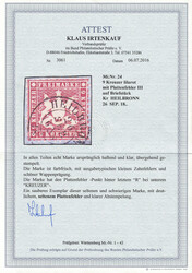 9 Kreuzer lilarot, ARGE-Plattenfehler "III" = "Punkt hinter letztem R ...