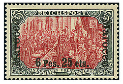 6 Pes.25 C. auf 5 Mk. "Reichspost", sog. "fetter Aufdruck", ...