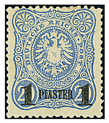 1 Piaster auf 20 Pfg. mittelviolettultramarin, schwarzer Aufdruck, ...