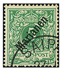 5 Pfg. "diagonal", Kabinettstück mit Stempel "Saipan" (gute Sorte ...