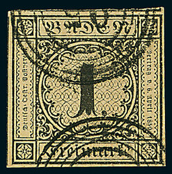 1 Kr. schw./sämisch, I. Auflage, ringsum voll- bis überrandig, ...