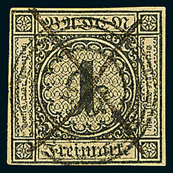 1 Kr. schw./braun, vierseitig gleichmäßig voll- bis breitrandig mit ...