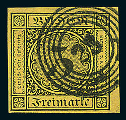 \BOGENECKE OBEN RECHTS\: 3 Kr. schw./orangegelb, I. Auflage, ringsum ...