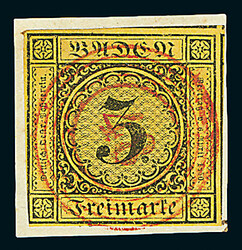 3 Kr. orangegelb, I. Auflage, links unten etwas an die Randlinie ...