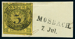 3 Kr. schw./orangegelb, I. Auflage, Schnittriese mit großen Teilen ...