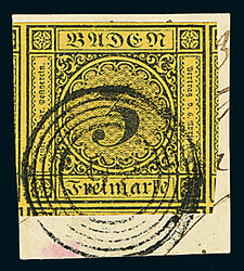 3 Kr. schw./orangegelb, I. Auflage, vier ungewöhnlich schöne ...