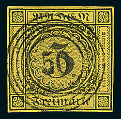 3 Kr. schw./orangegelb, I. Auflage, sechs voll- bis breitrandige ...