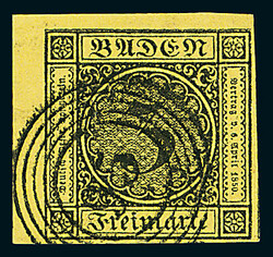 \ZWEI BOGENECKEN\: 3 Kr. schw./gelb, linke obere und rechte untere ...