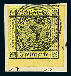 3 Kr. schw./gelb, drei Kabinettstücke mit Nummernstempeln "95" ...