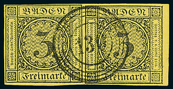 3 Kr. schw./gelb, waagerechtes Paar vom rechten Bogenrand (2mm breit) ...