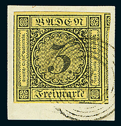 3 Kr. schw./gelb, sechs Luxusstücke, davon drei auf Briefstücken, ...