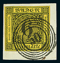 6 Kr. schw./gelb, sieben Luxusstücke, davon vier auf Briefstücken, ...