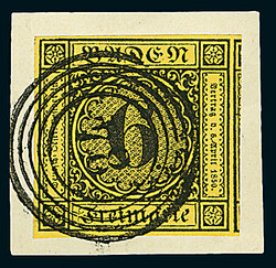 6 Kr. schw./gelb, sieben Luxusstücke, davon vier auf Briefstücken, ...