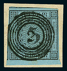 3 Kr. schw./blau, Unterrandstück mit 2,5mm Bogenrand, an den anderen ...