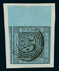 3 Kr. schw./blau, großes Oberrandstück mit 12,5mm breitem Oberrand ...