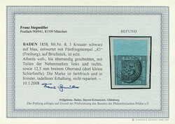 3 Kr. schw./blau, großes Oberrandstück mit 12,5mm breitem Oberrand ...