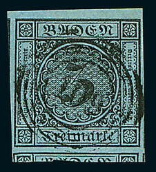 3 Kr. schw./blau, Oberrandstück mit 2mm breitem Bogenrand, an den ...