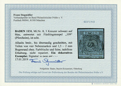 3 Kr. schw./blau, Oberrandstück mit 2mm breitem Bogenrand, an den ...