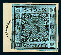 3 Kr. schw./blau, vierseitig breit- bis überrandig mit Teilen von ...