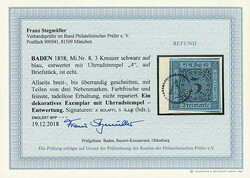 3 Kr. schw./blau, vierseitig breit- bis überrandig mit Teilen von ...