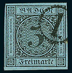 3 Kr. schw./blau, drei voll- bis breitrandige Luxusstücke mit ...