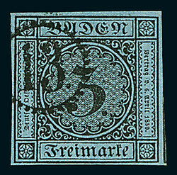 3 Kr. schw./blau, drei voll- bis breitrandige Luxusstücke mit ...