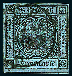 3 Kr. schw./blau, rechts unten minimal mit der Randlinie geschnitten, ...