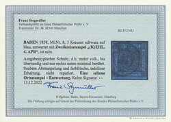 3 Kr. schw./blau, rechts unten minimal mit der Randlinie geschnitten, ...