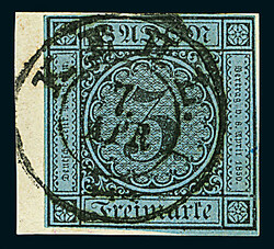 3 Kr. schw./blau, vierseitig vollrandig auf Briefstück mit seltener ...