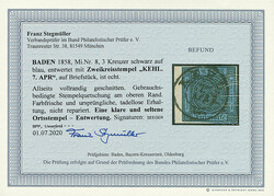 3 Kr. schw./blau, vierseitig vollrandig auf Briefstück mit seltener ...