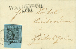 3 Kr. schw./blau, großes Unterrandstück mit 7mm Bogenrand, an den ...