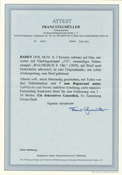 3 Kr. schw./blau, großes Unterrandstück mit 7mm Bogenrand, an den ...