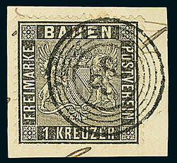 1 Kr. schwarz, sechs Luxusstücke, u.a. ein Unterrandstück, ein ...