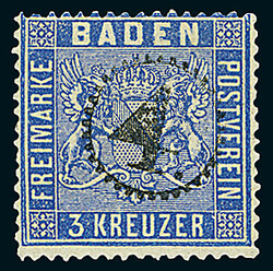 3 Kr. in allen drei Farben, drei Luxusstücke mit Uhrradstempeln "1." ...